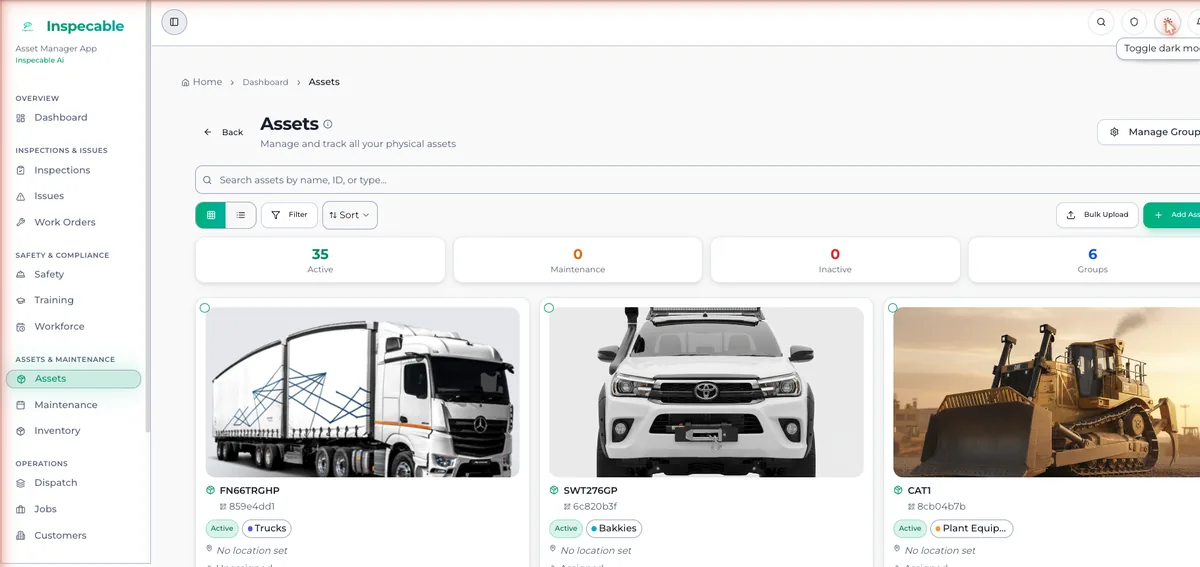 Inspecable asset register showing every vehicle and machine with live status