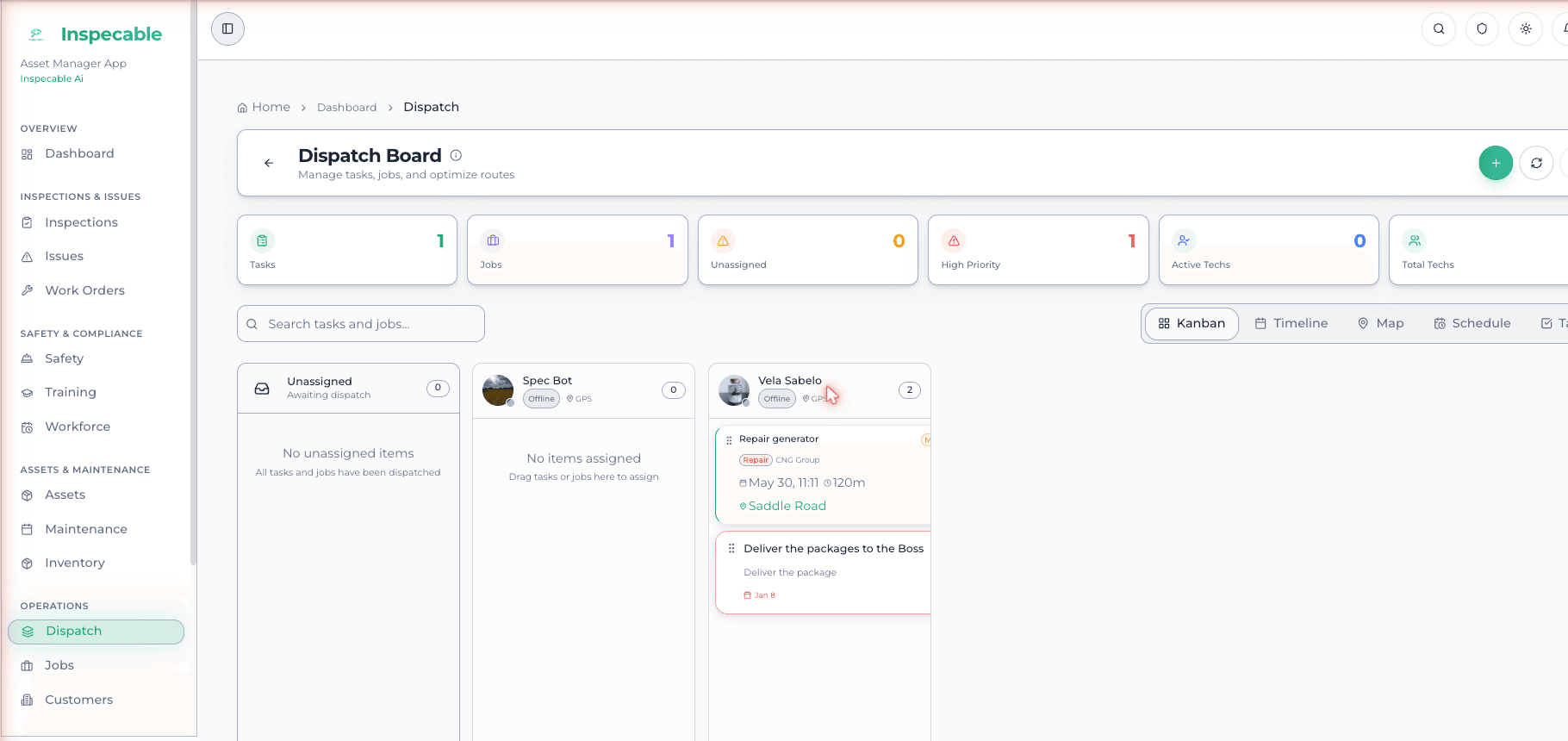 Inspecable dispatch board showing kanban, calendar and week planner views