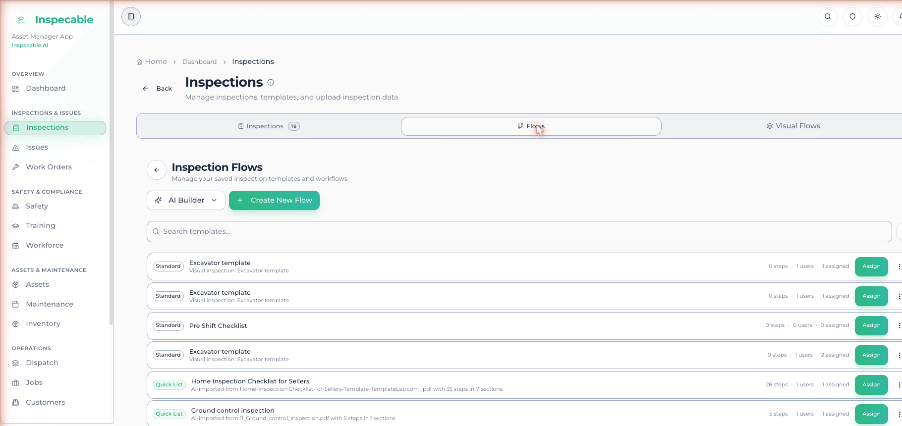 Inspecable checklist builder showing a digital inspection template