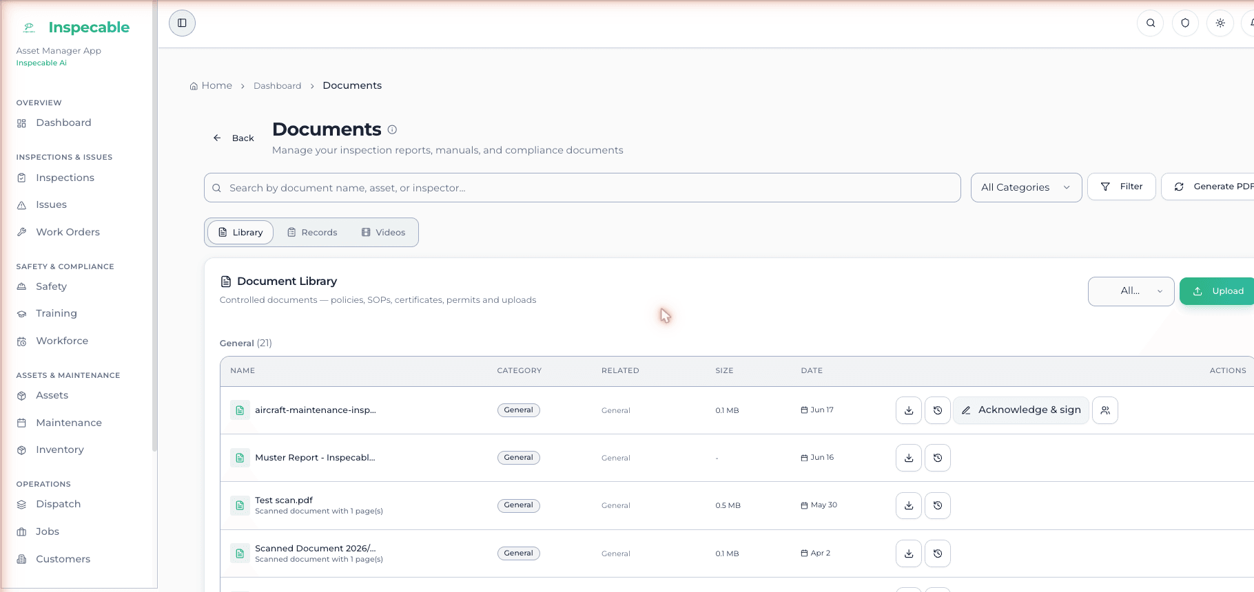 Inspecable reports page showing the catalogue of exportable reports