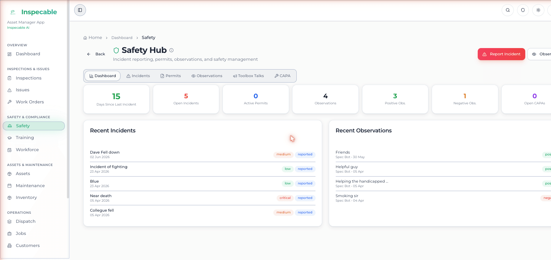 Inspecable safety hub showing incidents, permits to work, observations and toolbox talks