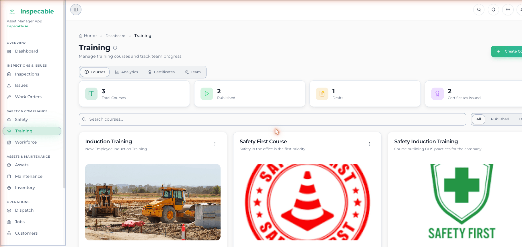 Inspecable training module showing courses and certificates