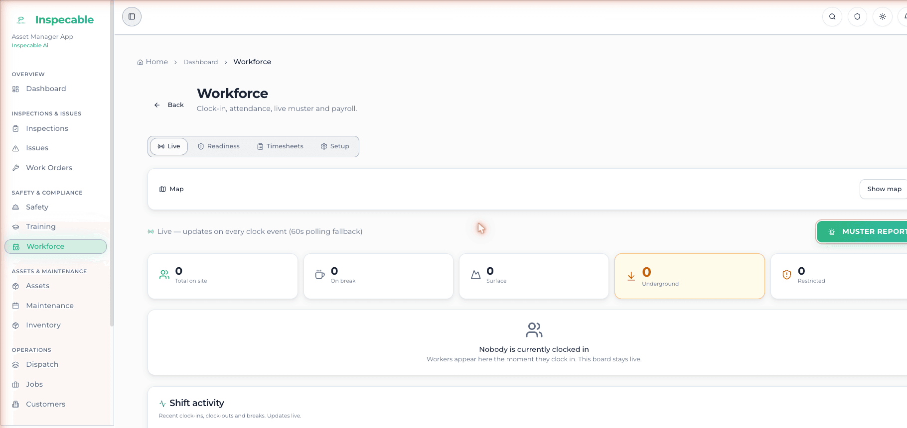 Inspecable workforce page showing who is clocked in on site