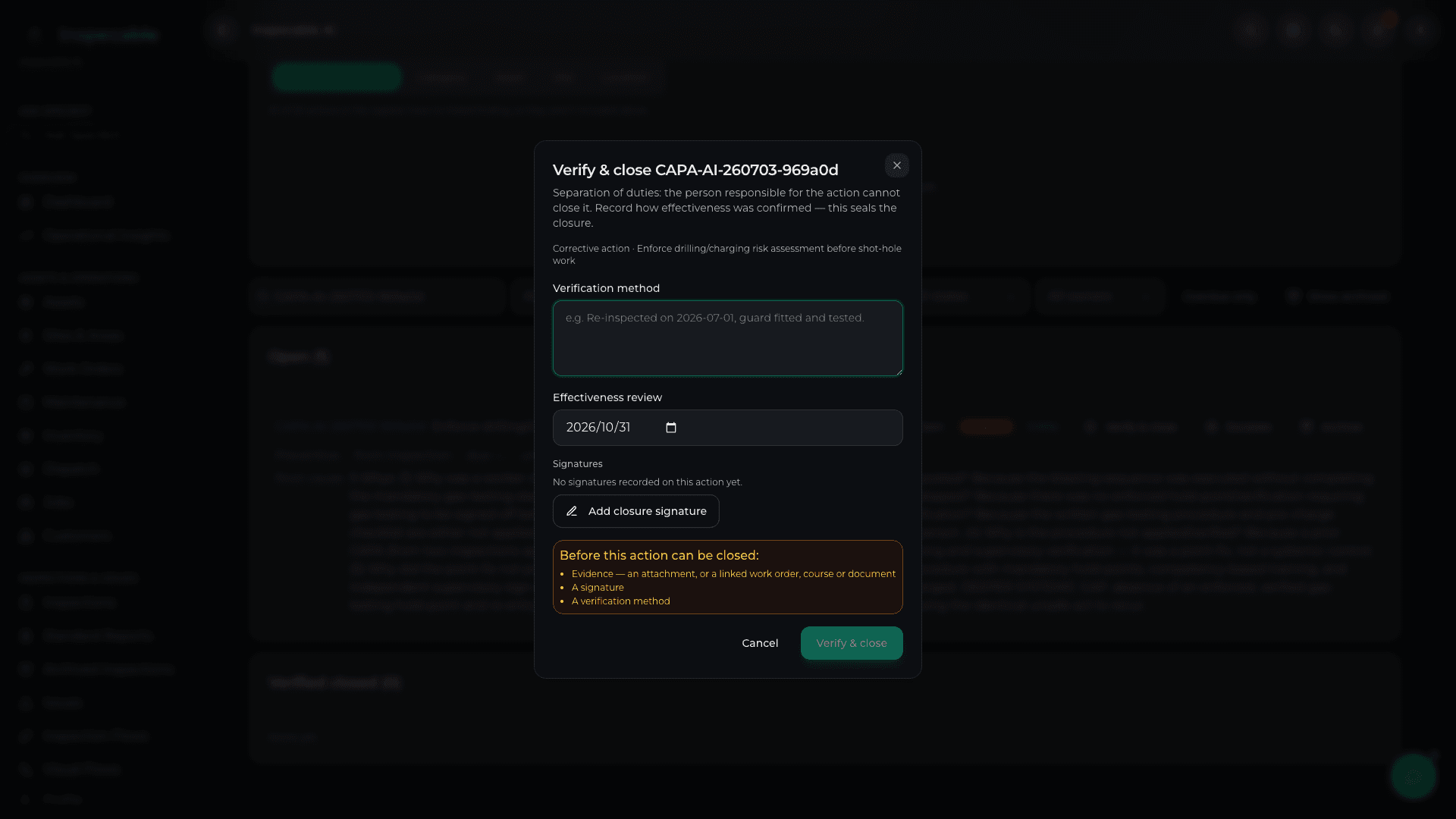 Inspecable verify-and-close dialog refusing to close a corrective action until evidence, a signature and a verification method are recorded