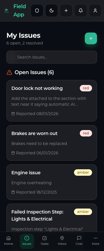 Inspecable field app issues screen
