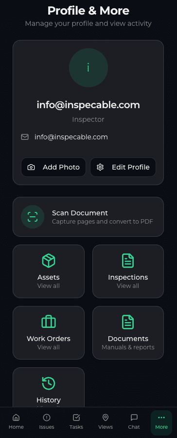 Inspecable field app profile screen with Scan Document, Documents and Inspections tiles