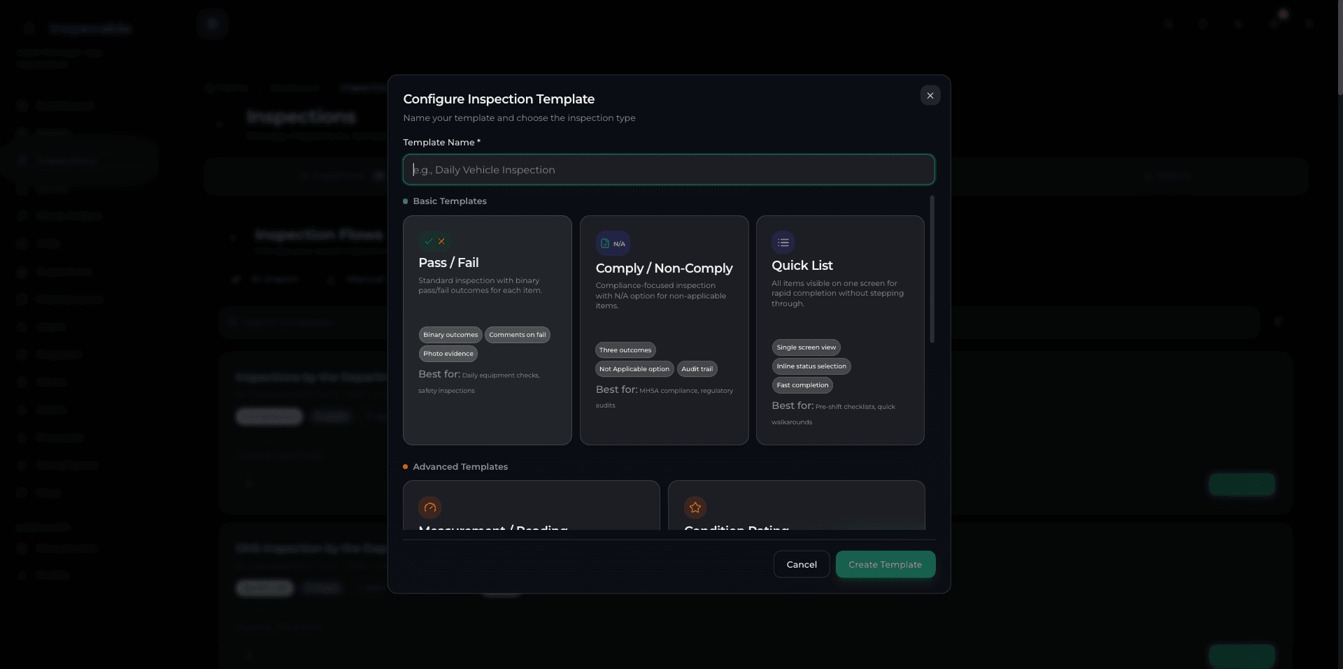Inspection builder interface with drag-and-drop checklist creation