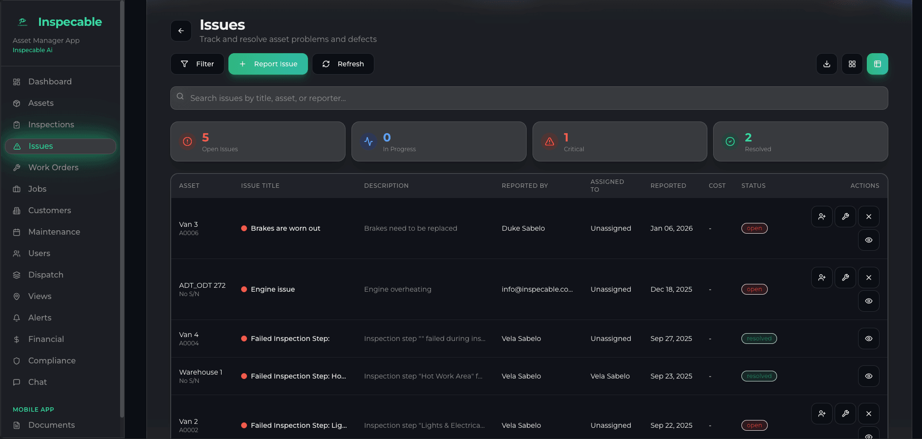Inspecable issues screen showing open site defects and corrective actions