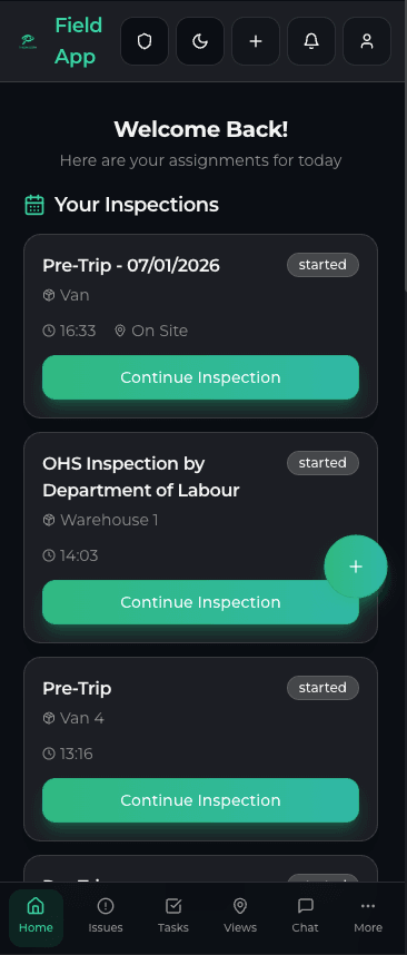 Inspecable mobile app showing the main inspection dashboard