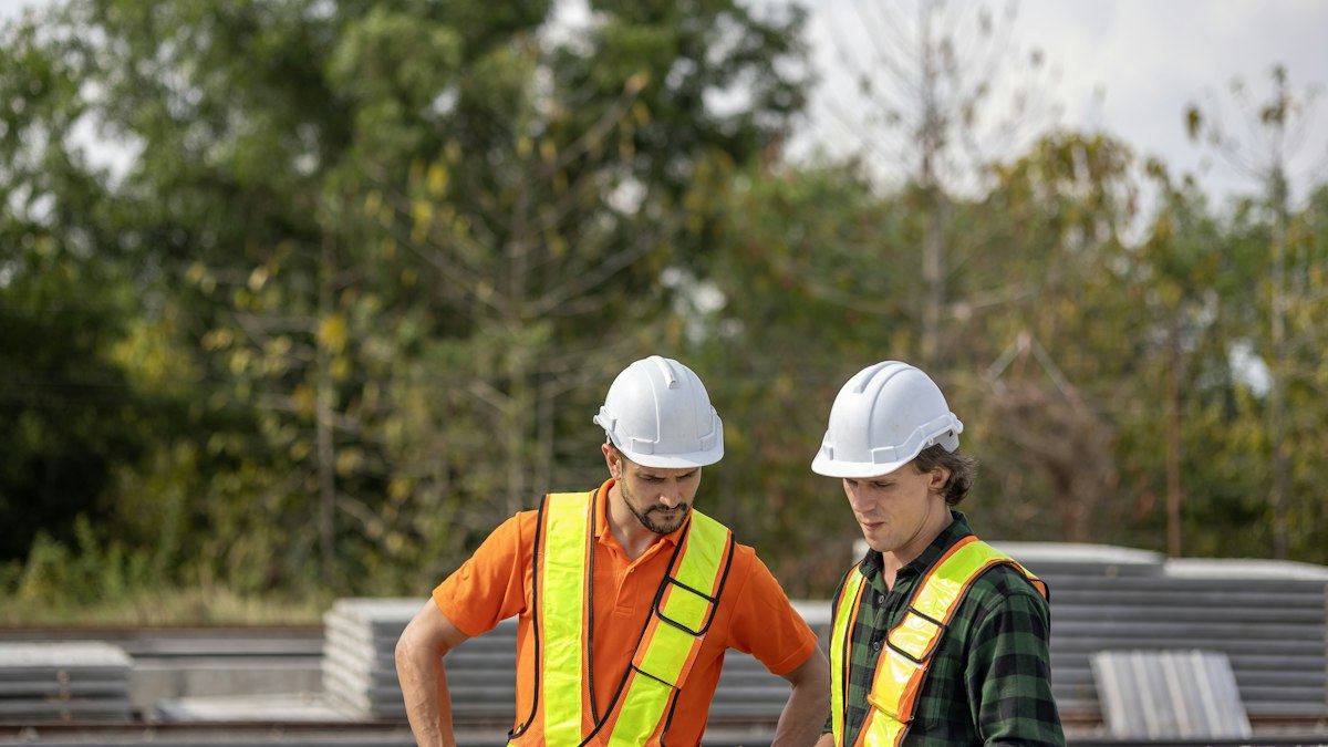 Two site safety officers in hard hats and hi-vis inspecting precast concrete on a construction site